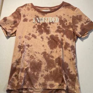Tie die brown wash, front/back print, wide neck t-shirt in medium.